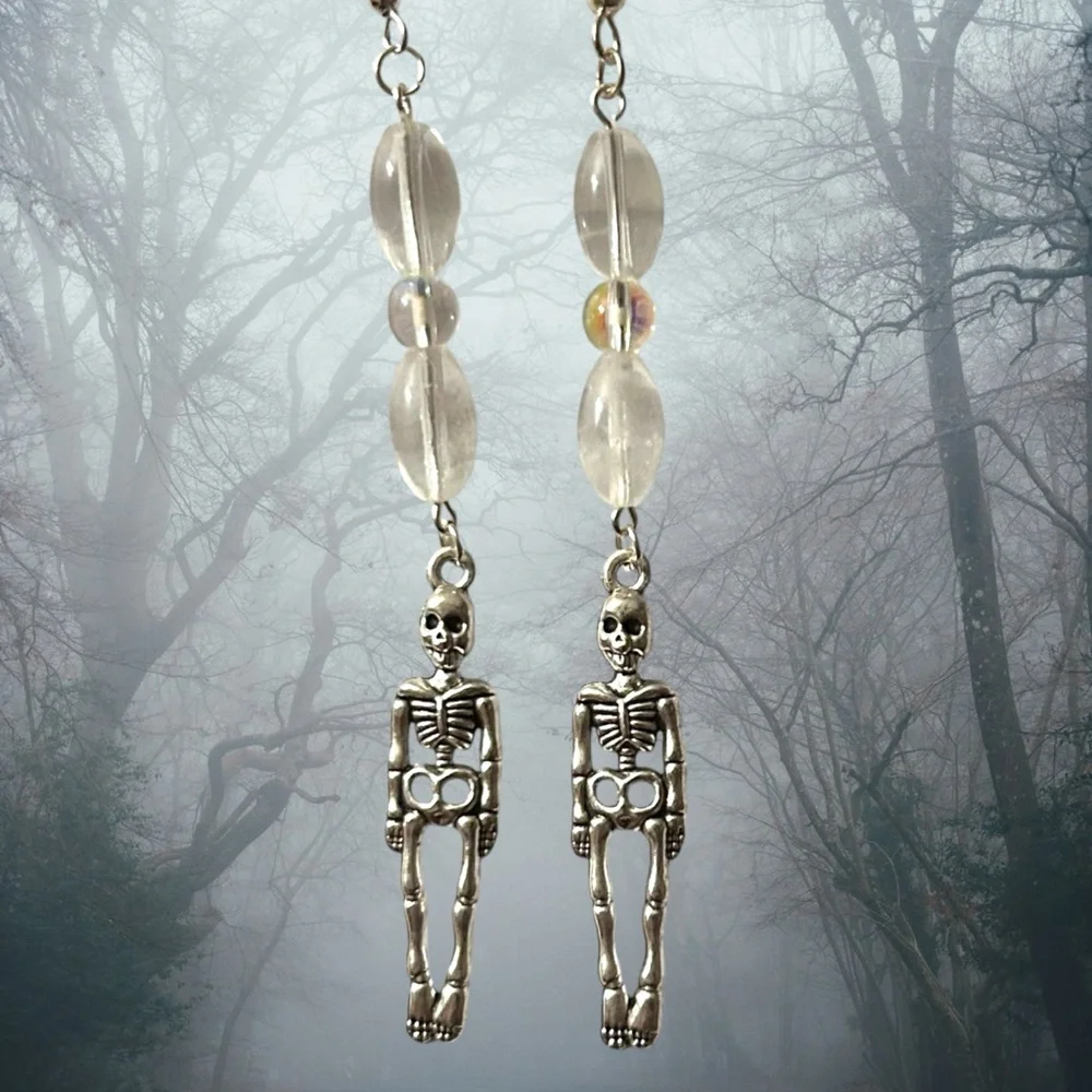 Hand Crafted Skeleton Earrings Glow Beads Long Duster Halloween Pierced - Picture 1 of 6